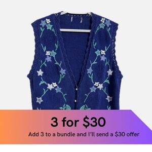 Vintage Floral Embroidered Blue Sweater Vest